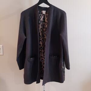 Chicos Cardigan Size 2 Petite Gray Longline Metallic Animal Print Dressy